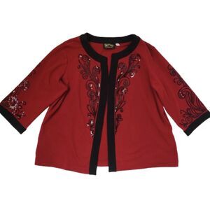 Bob Mackie Wearable Art Women's 1X Red Sequin Embellished Open Front Cardigan